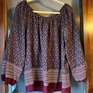 Plum mandala patterned blouse, cinched sleeves